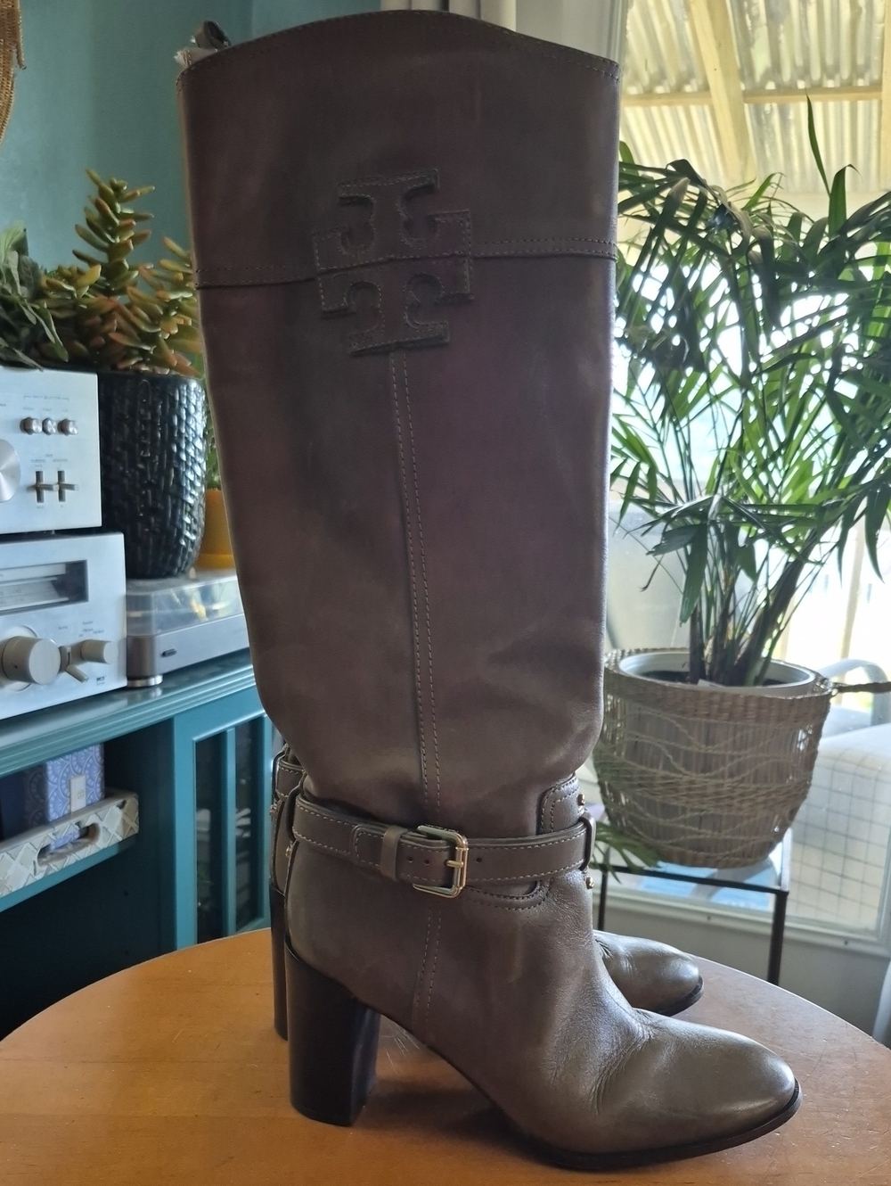 Tory Burch Taupe Leather Knee High Stacked 4" Heel Boots. Size 9